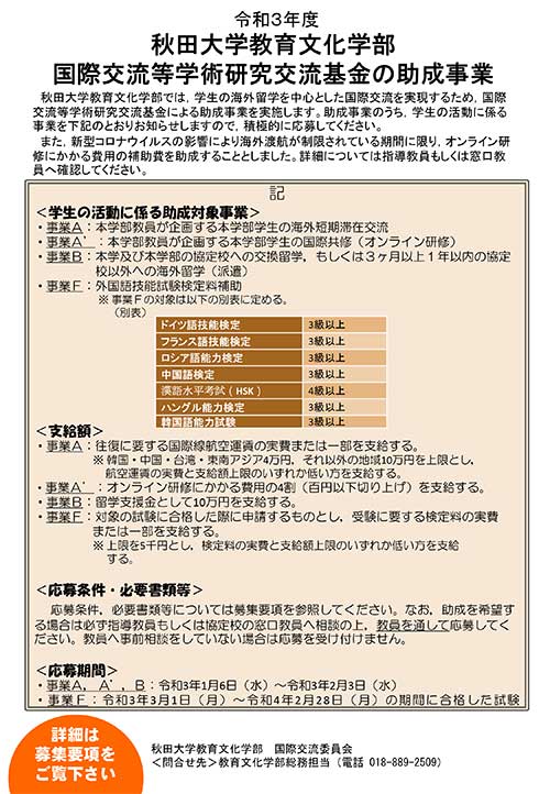 令和3年度 教育文化学部 国際交流等学術研究交流基金の助成事業